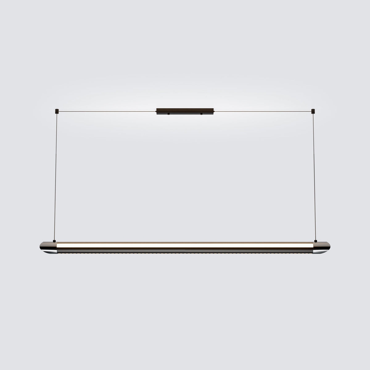 Black NOXVARE linear light centered over a stone kitchen island with dark cabinetry.