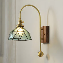 ARLETTE - Blue cone glass wall sconce with brass arm and walnut backplate