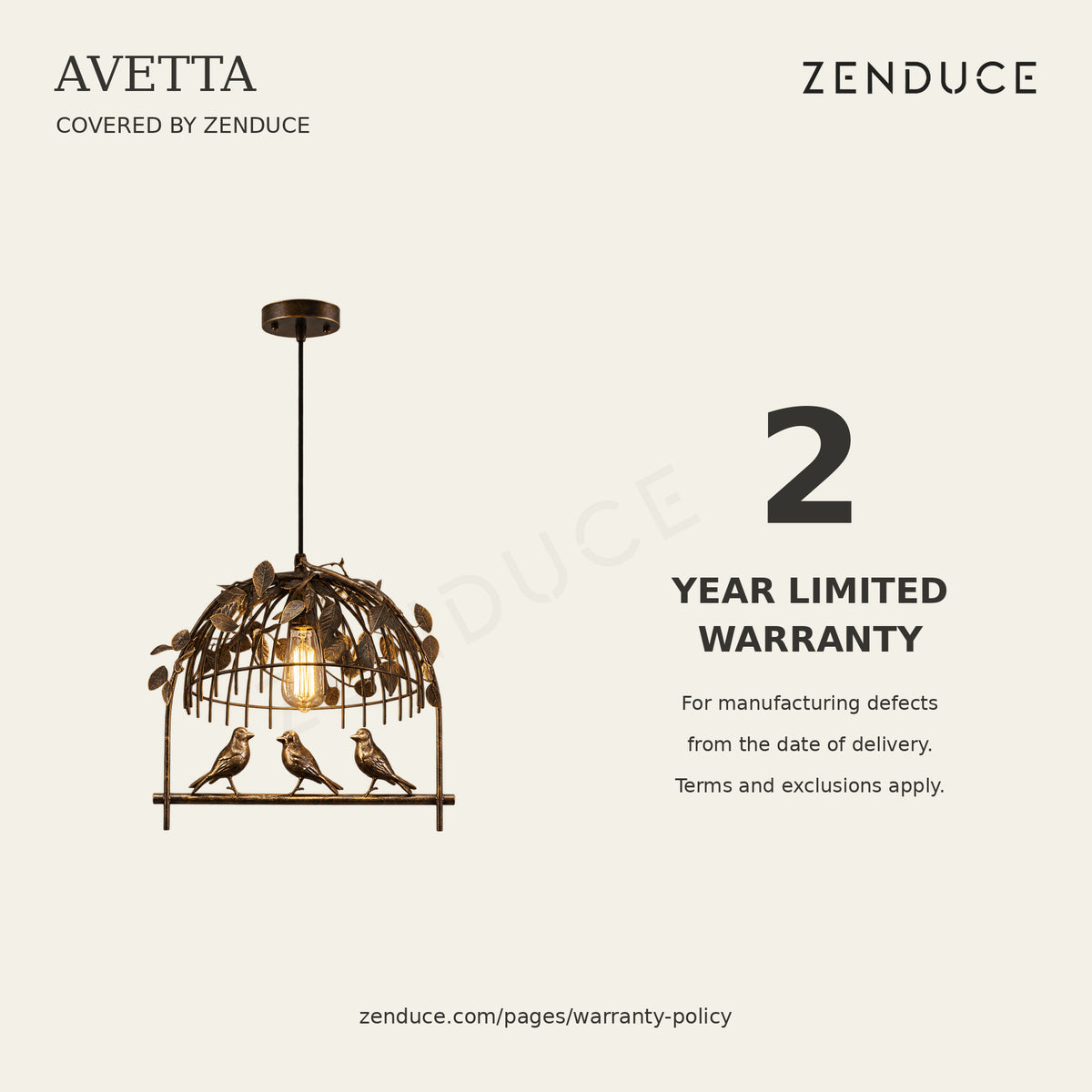 AVETTA Zenduce two-year limited warranty against manufacturing defects; terms and exclusions apply