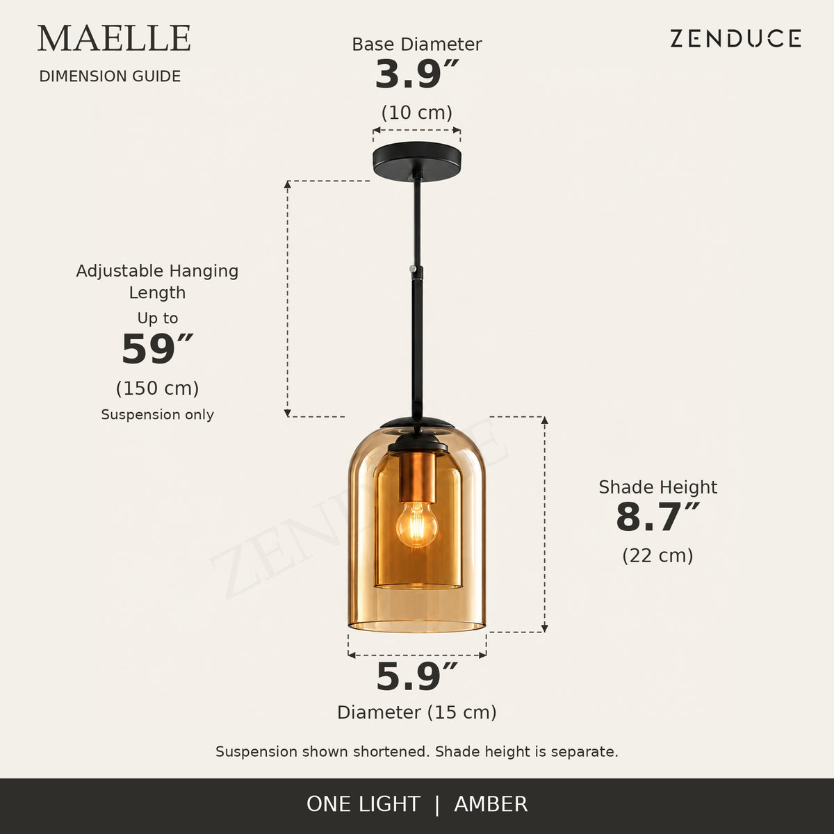 MAELLE Amber dimension guide: 5.9-inch diameter, 8.7-inch shade height, 59-inch adjustable suspension