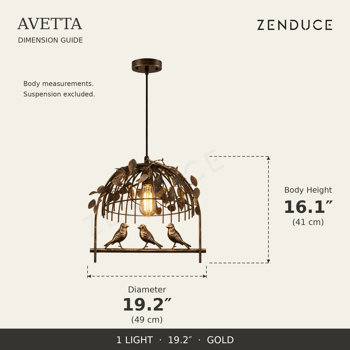 AVETTA 1 Light Gold dimension guide: diameter 19.2 inches (49 cm), body height 16.1 inches (41 cm)