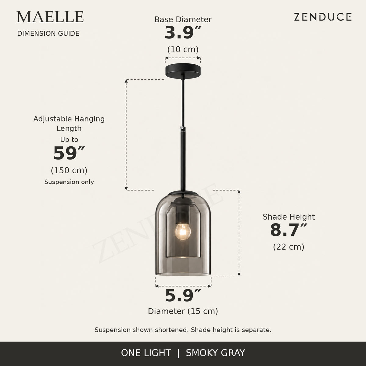 MAELLE Smoky Gray dimension guide: 5.9-inch diameter, 8.7-inch shade height, 59-inch adjustable suspension