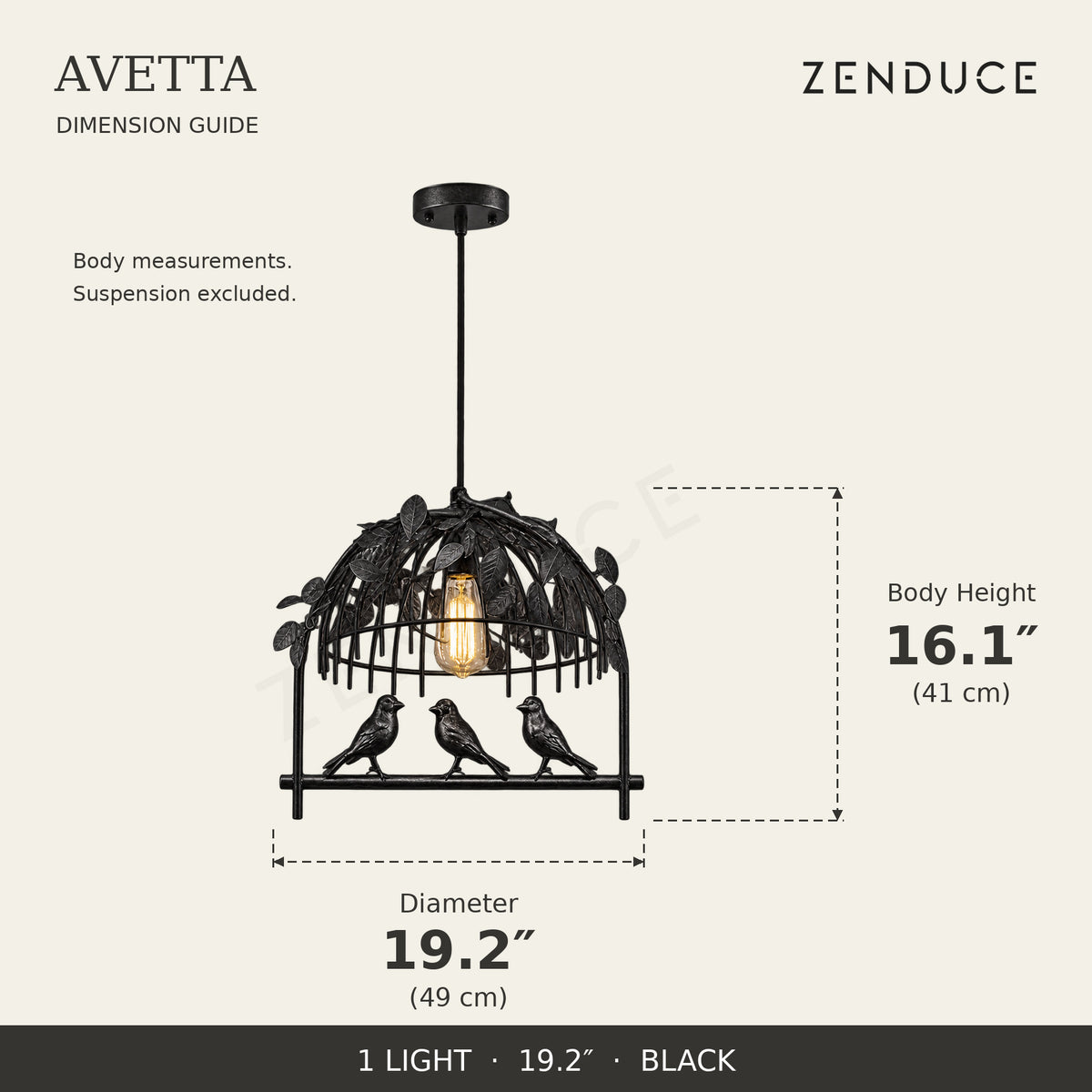 AVETTA 1 Light Black dimension guide: diameter 19.2 inches (49 cm), body height 16.1 inches (41 cm)