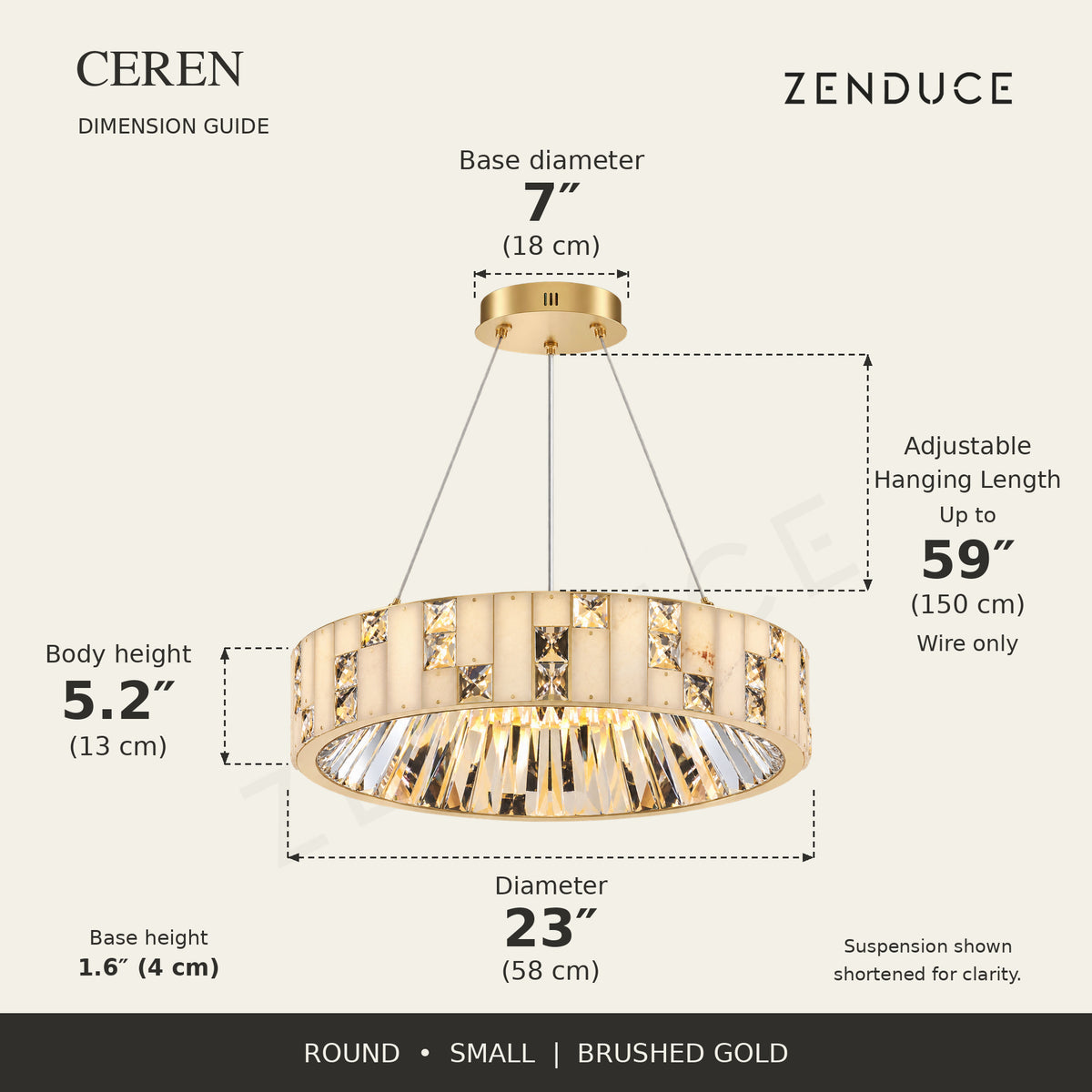 CEREN Small Brushed Gold dimension guide: 23-inch diameter, 5.2-inch body, 7-inch base, 59-inch adjustable wire