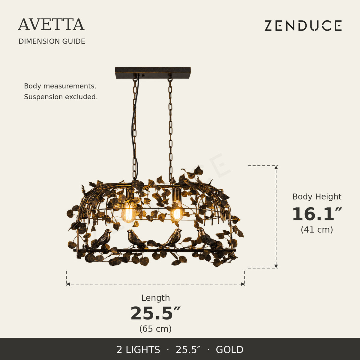 AVETTA 2 Lights Gold dimension guide: length 25.5 inches (65 cm), body height 16.1 inches (41 cm)