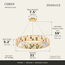 CEREN Medium Brushed Gold dimension guide: 31-inch diameter, 5.2-inch body, 7.5-inch base, 59-inch adjustable wire