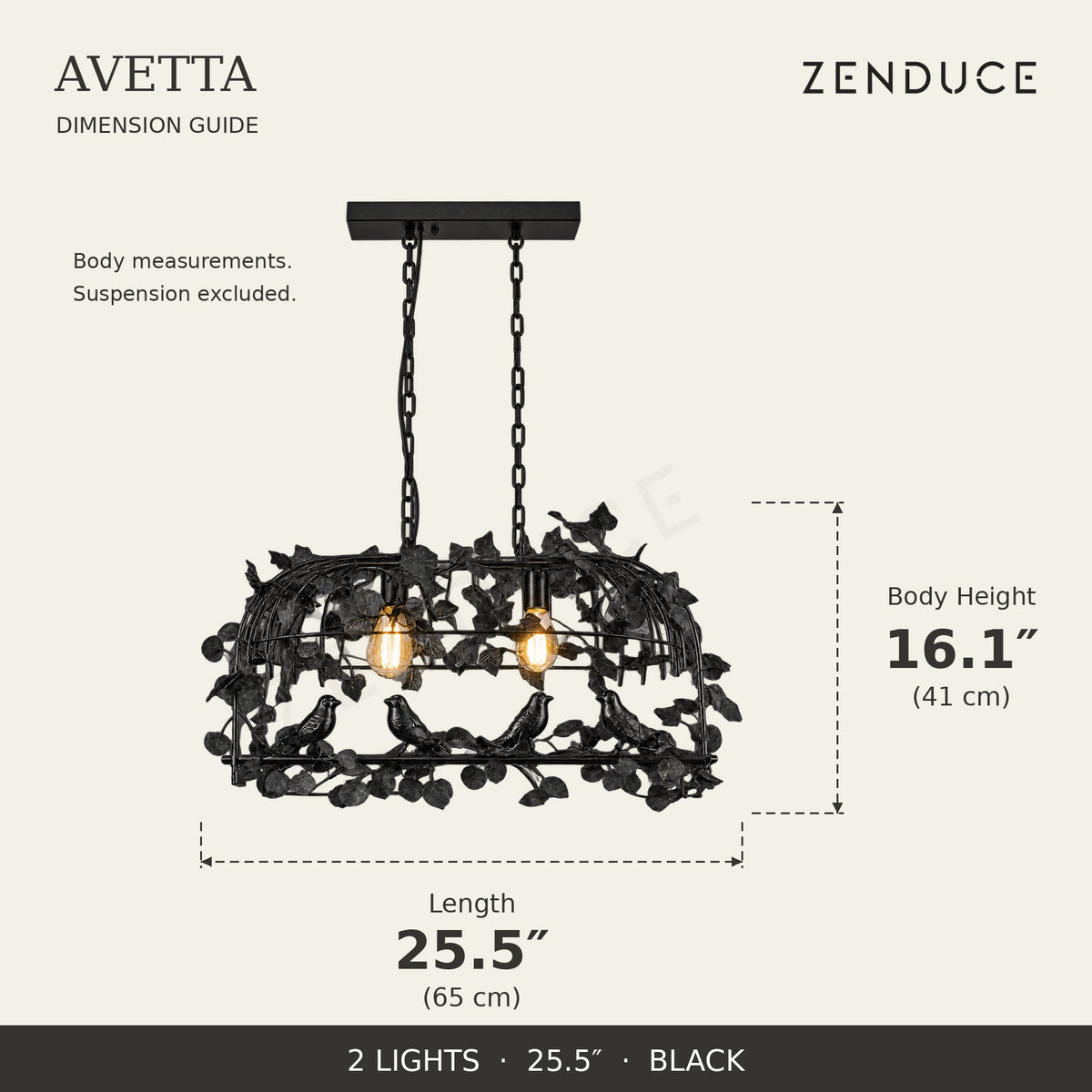 AVETTA 2 Lights Black dimension guide: length 25.5 inches (65 cm), body height 16.1 inches (41 cm)
