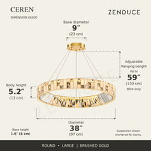 CEREN Large Brushed Gold dimension guide: 38-inch diameter, 5.2-inch body, 9-inch base, 59-inch adjustable wire