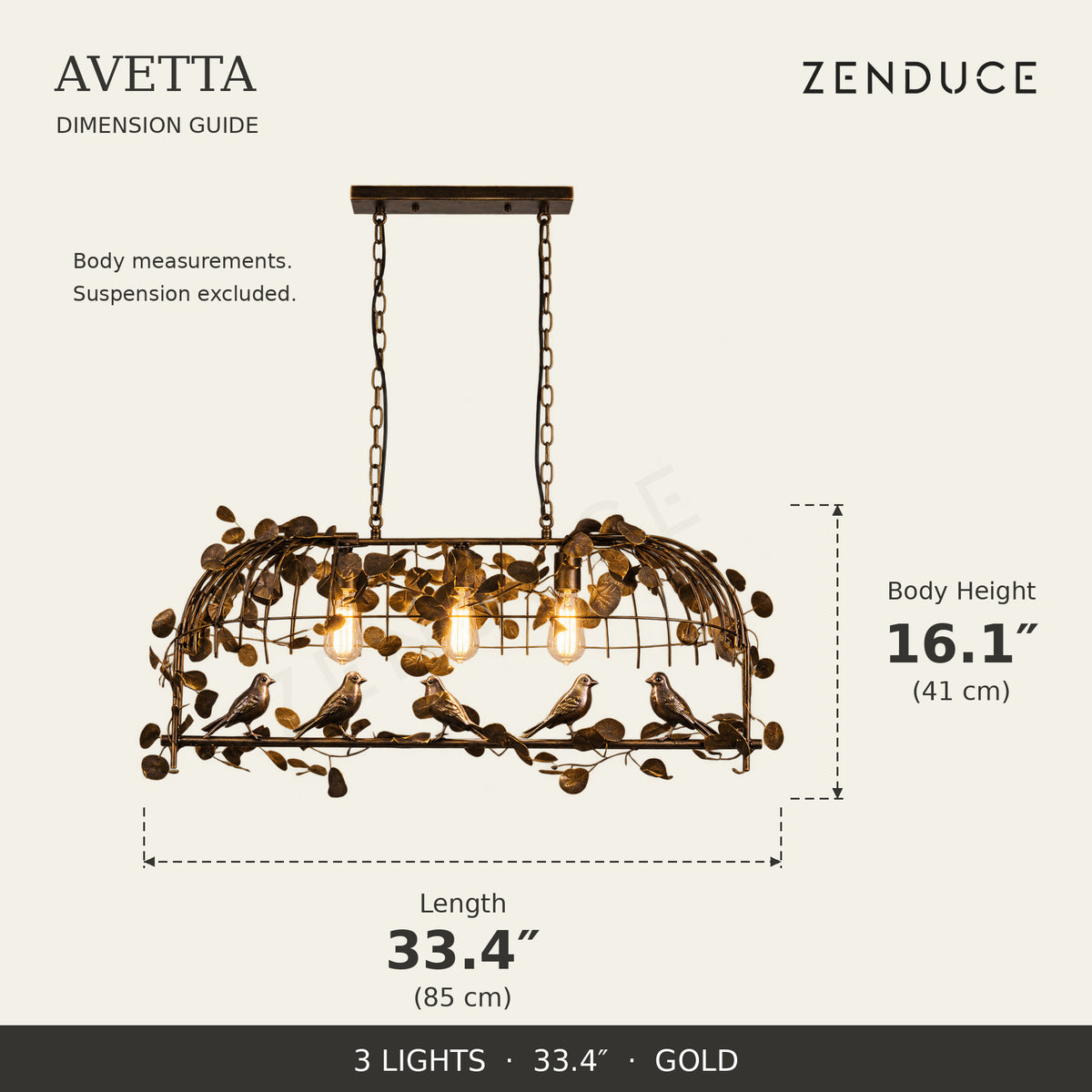 AVETTA 3 Lights Gold dimension guide: length 33.4 inches (85 cm), body height 16.1 inches (41 cm)
