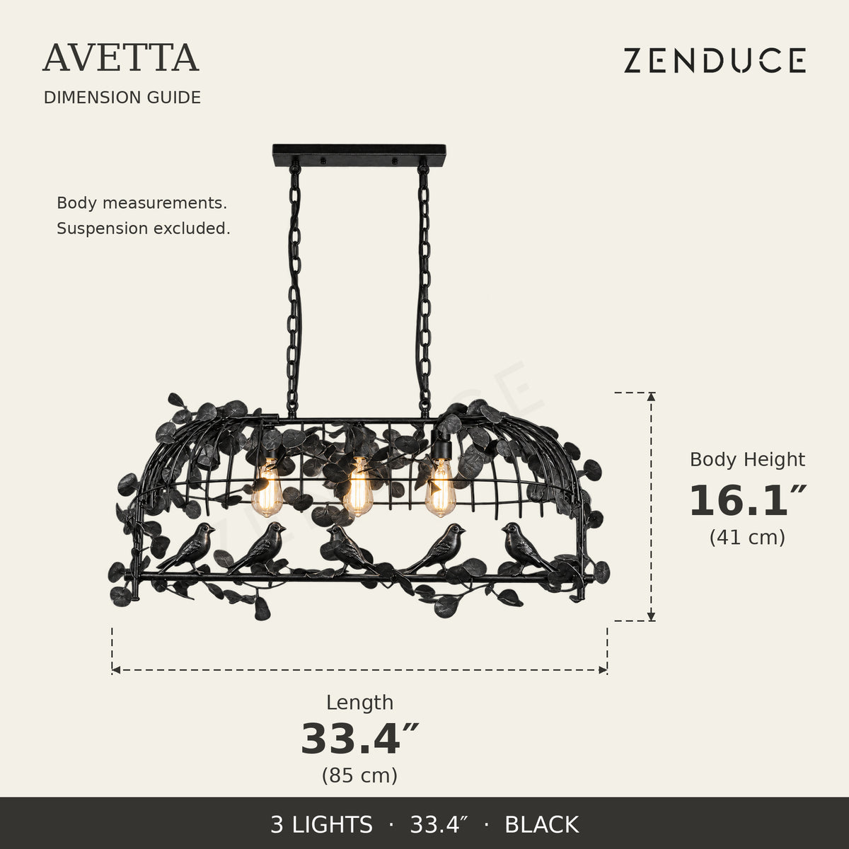 AVETTA 3 Lights Black dimension guide: length 33.4 inches (85 cm), body height 16.1 inches (41 cm)