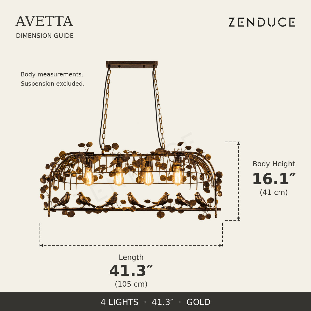 AVETTA 4 Lights Gold dimension guide: length 41.3 inches (105 cm), body height 16.1 inches (41 cm)