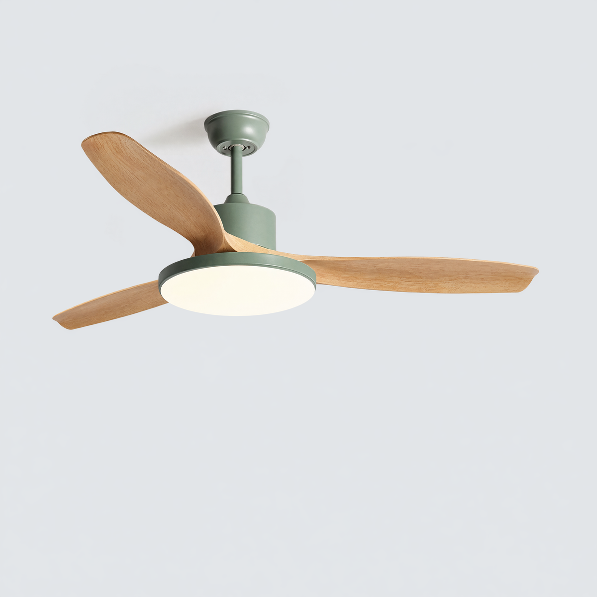 Wood-finish SKAGEN fan centered above a natural timber dining table.