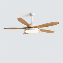 Three-blade SKAGEN fan isolated with a white motor housing and light wood blades.