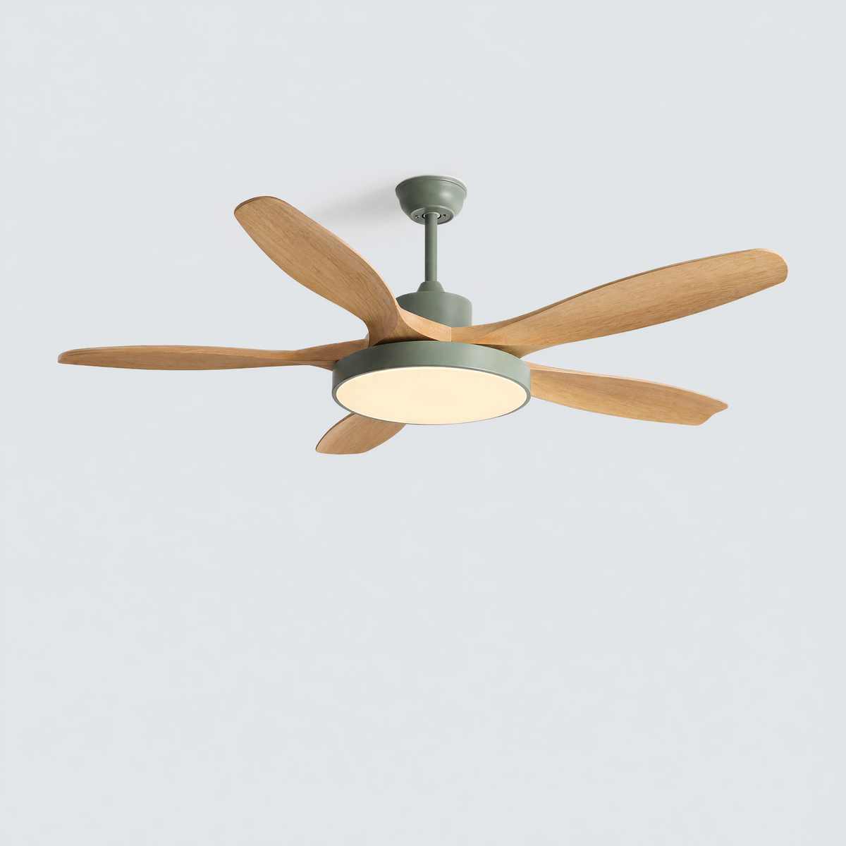 Three-blade SKAGEN fan isolated with a muted green housing and wood blades.