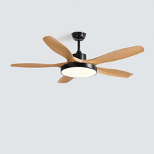 Three-blade SKAGEN fan isolated with a gray housing, wood blades, and lit diffuser.