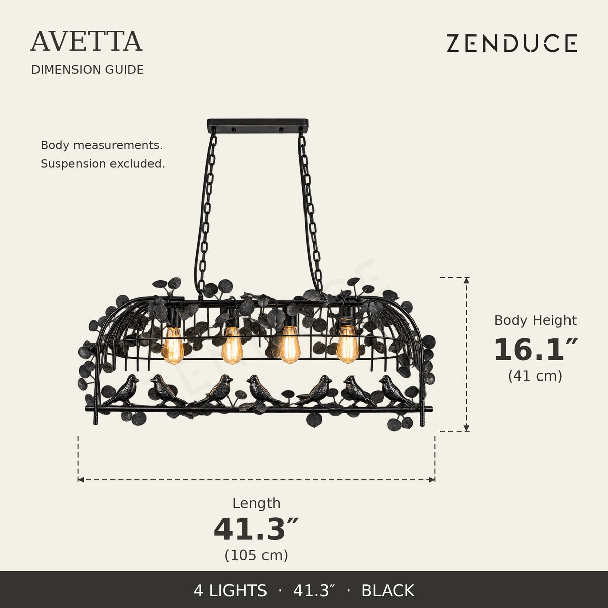 AVETTA 4 Lights Black dimension guide: length 41.3 inches (105 cm), body height 16.1 inches (41 cm)