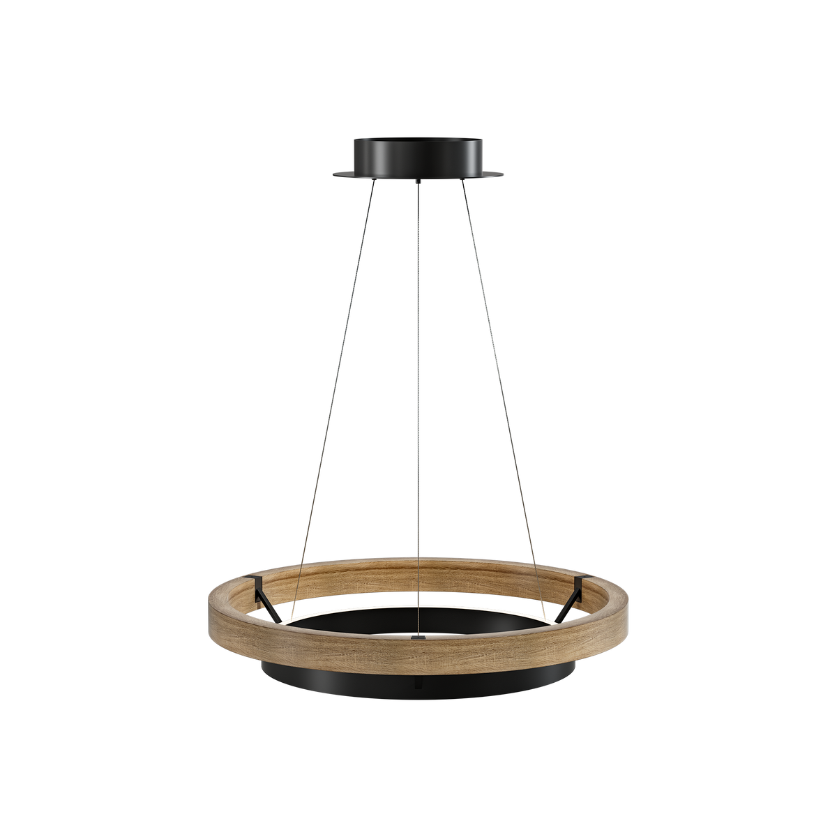 Low-angle installed view of the walnut ORLUNEA rings and black ceiling canopy.