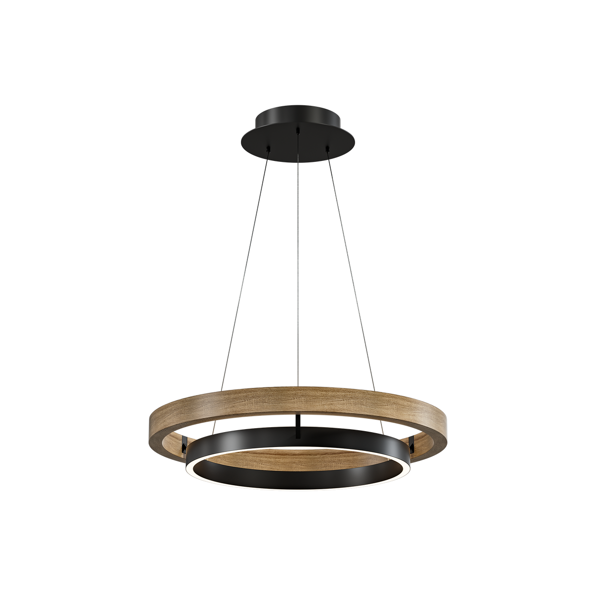 Compact light-wood ORLUNEA chandelier isolated with a tall three-cable suspension.
