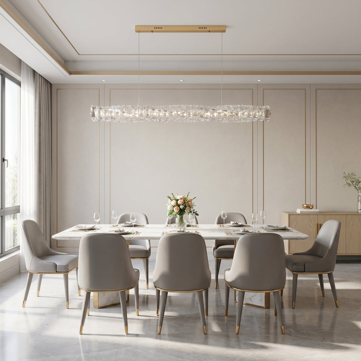 SEVRAYA suspended crystal bar above a white dining table beside tall windows
