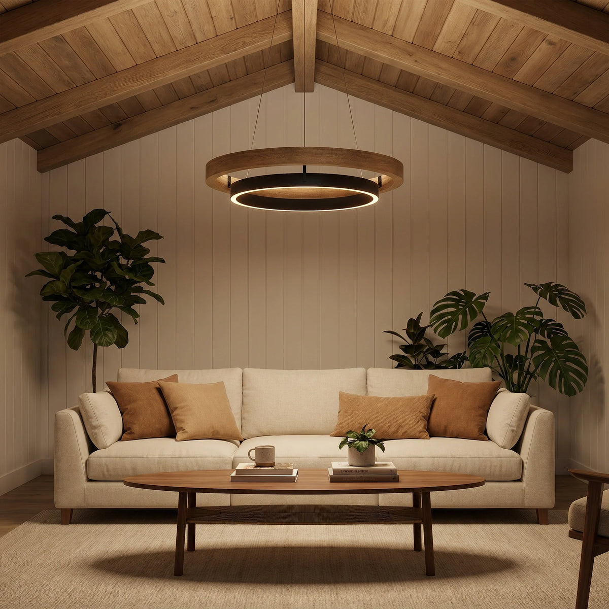 Close isolated view of the wide walnut ORLUNEA chandelier and glowing lower ring.