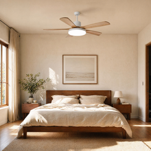 Five-blade SKAGEN fan isolated in a warm wood finish with a round illuminated diffuser.