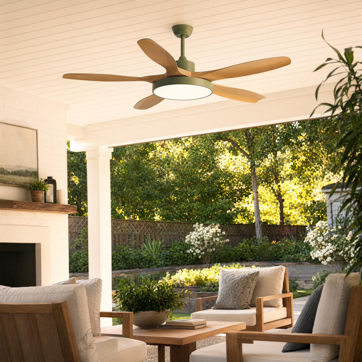 Green-housing SKAGEN fan isolated with five wood blades and illuminated center.