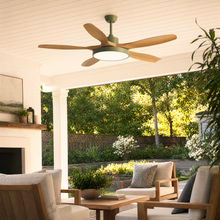 Green-housing SKAGEN fan isolated with five wood blades and illuminated center.