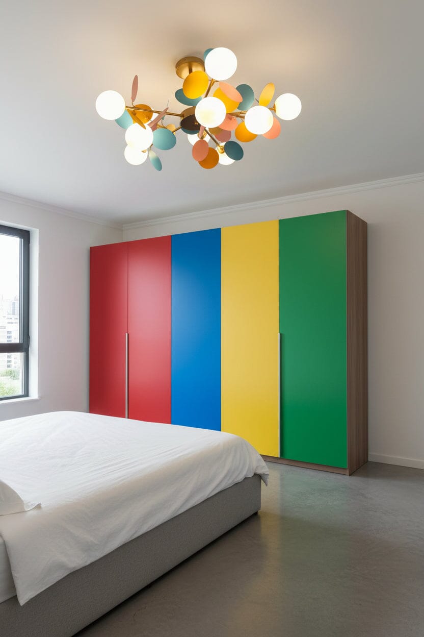 Colorful ceiling light fixture in a room with a white wardrobe.