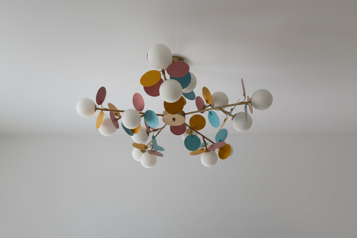 Colorful ceiling light fixture in a room with a window and a small teepee.