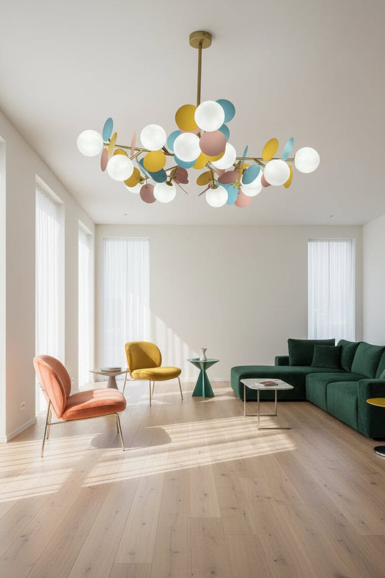 Colorful chandelier hanging in a room with white brick walls and a window.