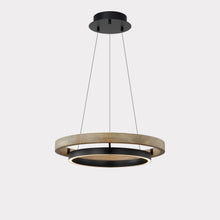 ORLUNEA circular chandelier isolated with a light wood outer ring and black illuminated inner ring.