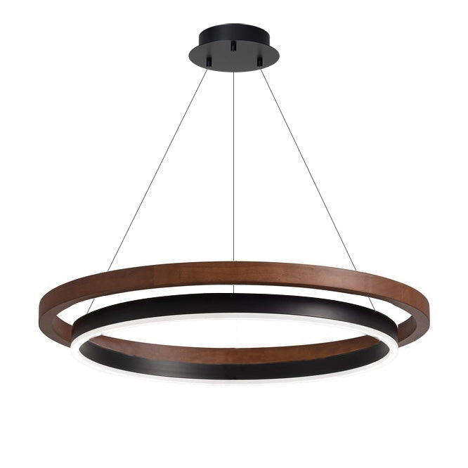 Installed walnut ORLUNEA chandelier viewed front-on against a white ceiling.