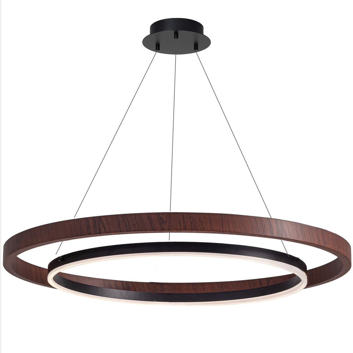 Shallow underside view of the walnut ORLUNEA rings suspended in a bright room.