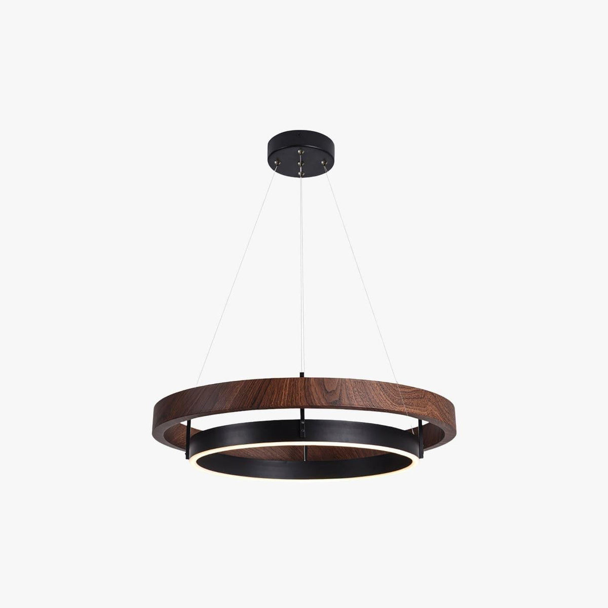 ORLUNEA ring chandelier above a bright living room with exposed wood ceiling beams.