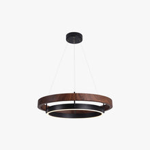 ORLUNEA ring chandelier above a bright living room with exposed wood ceiling beams.