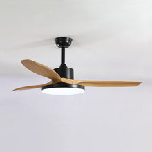 White SKAGEN fan in a bedroom beside callouts for quiet operation, speeds, remote, and reverse.
