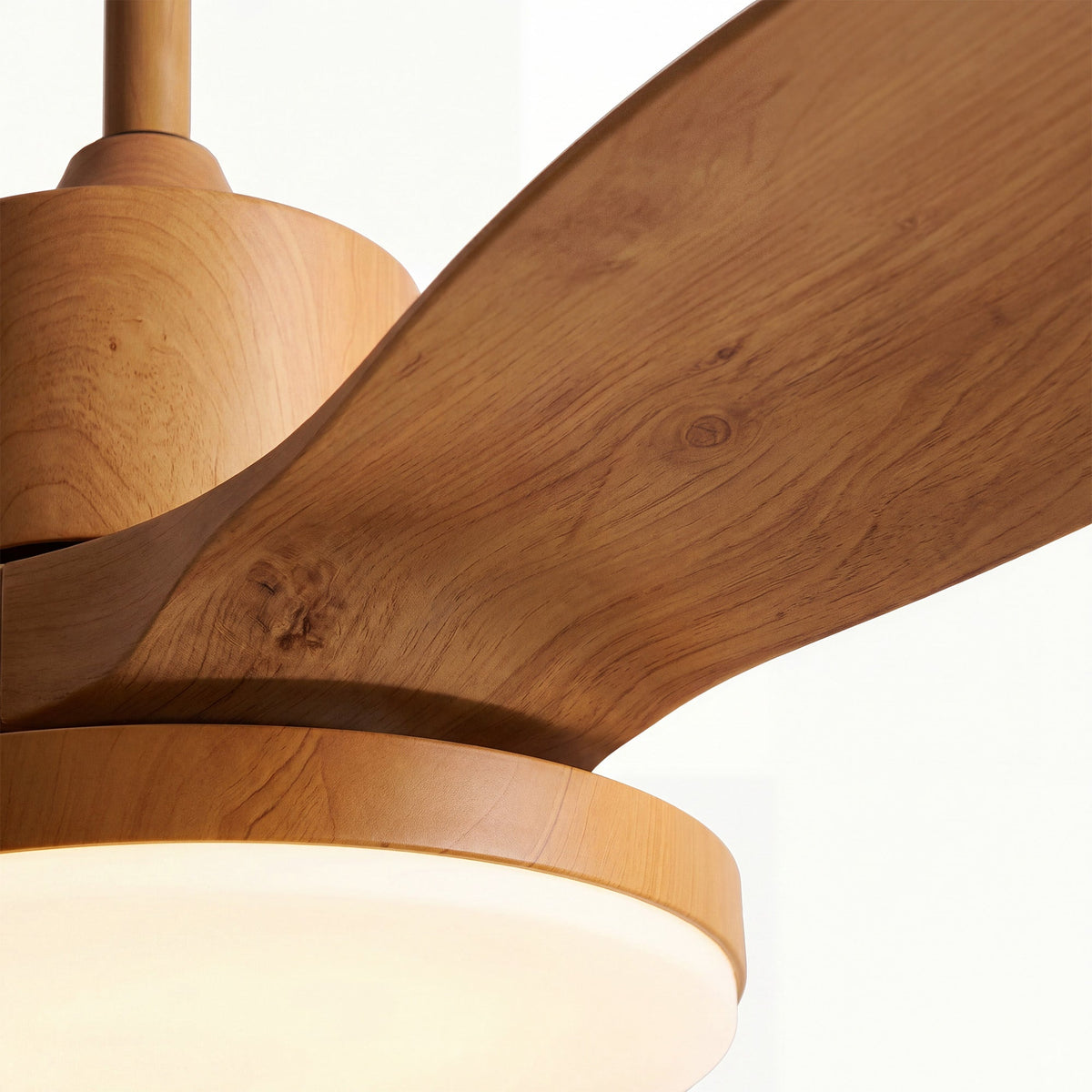 Black-housing SKAGEN fan isolated with five curved wood blades and a center light.