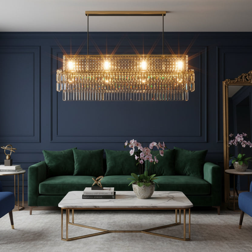 AURELIAN-Modern Linear Crystal Chandelier in Brushed Gold-ZENDUCE