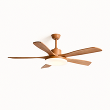 Black SKAGEN ceiling fan with three light wood blades, viewed from below.