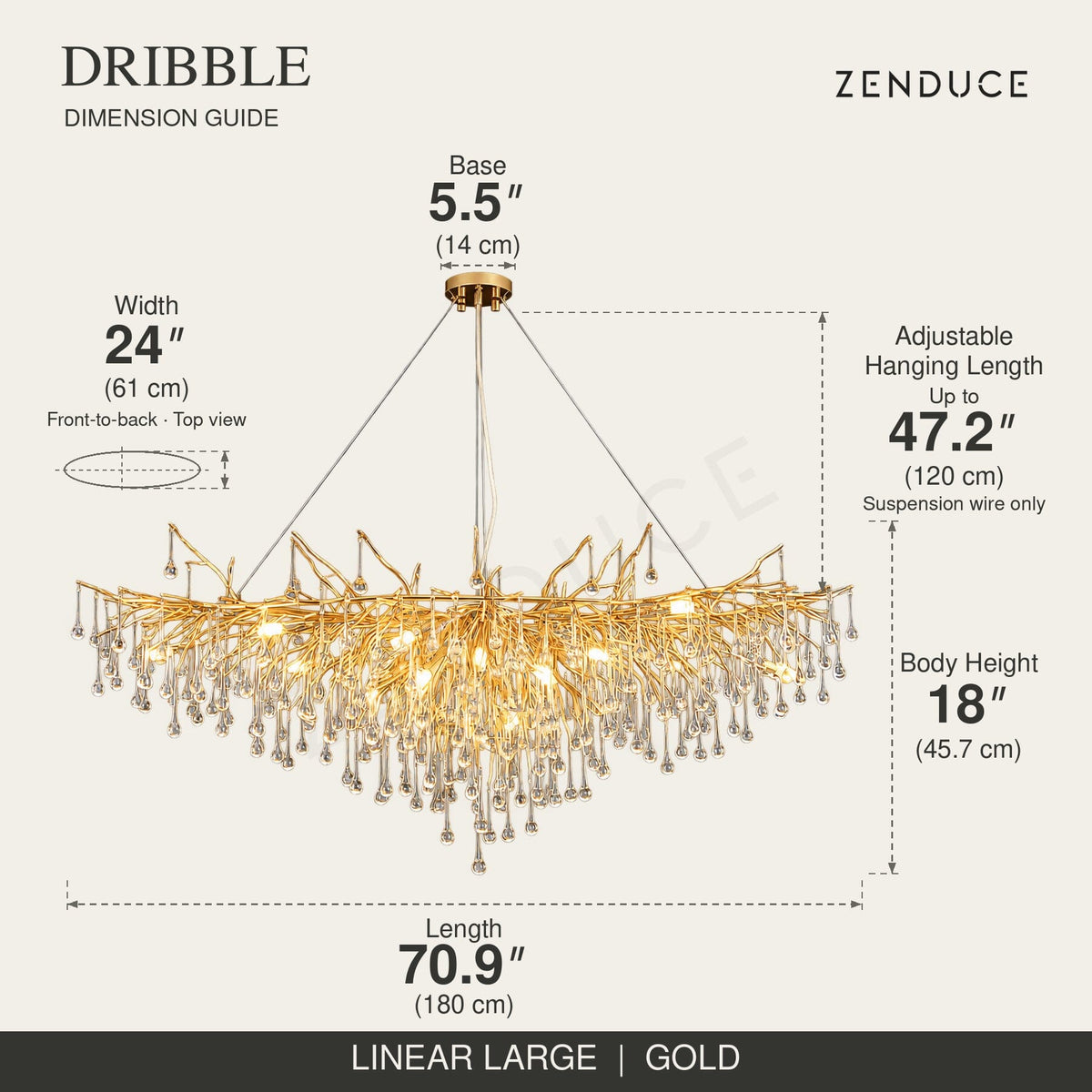 DRIBBLE linear large gold dimension guide: 70.9 in (180 cm) long, adjustable suspension