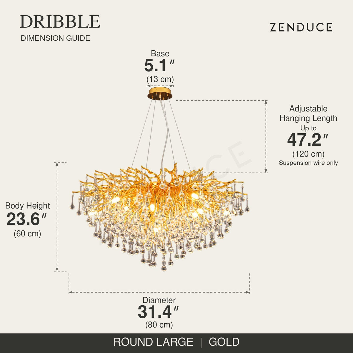 DRIBBLE round large gold dimension guide: 31.4 in (80 cm) diameter, adjustable suspension