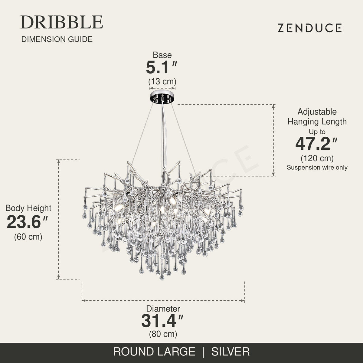 DRIBBLE round large silver dimension guide: 31.4 in (80 cm) diameter, adjustable suspension