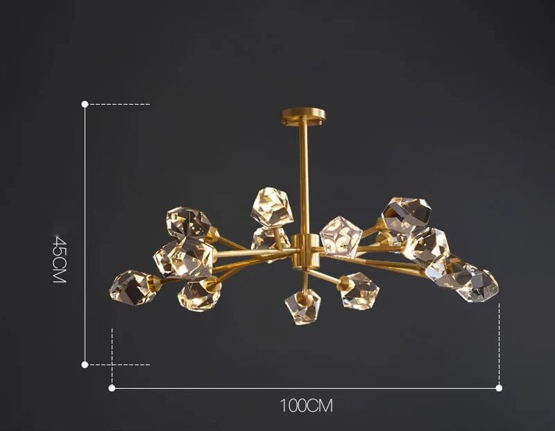 Gold chandelier with crystal-like fixtures on a dark background, featuring dimensions and specifications.