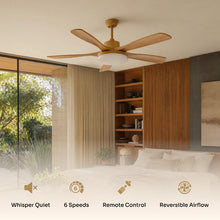 White-motor SKAGEN ceiling fan with five wood blades and a softly glowing diffuser.