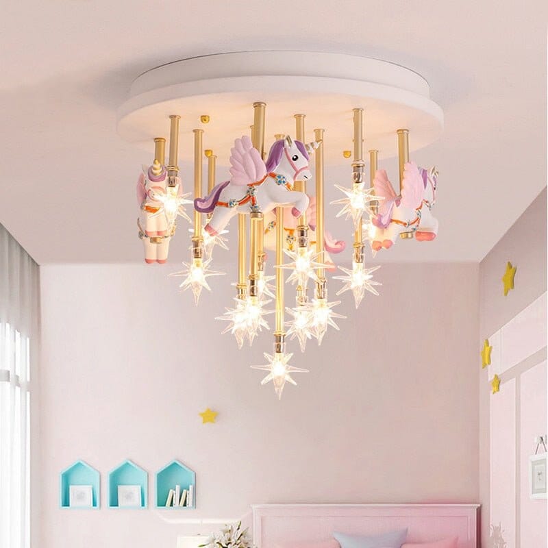 Girls Merry Go Roond Horses Ceiling Light | Kids Room Decor Lights - ZENDUCE - Blue Horse / Voltage AC100V-130V / G4 Bulb|Yellow Light