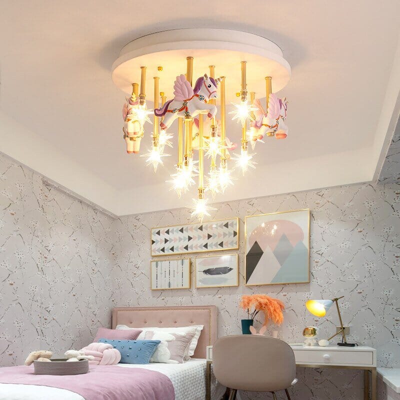 Girls Merry Go Roond Horses Ceiling Light | Kids Room Decor Lights - ZENDUCE - Blue Horse / Voltage AC100V-130V / G4 Bulb|Yellow Light
