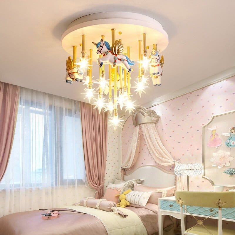 Girls Merry Go Roond Horses Ceiling Light | Kids Room Decor Lights - ZENDUCE - Blue Horse / Voltage AC100V-130V / G4 Bulb|Yellow Light