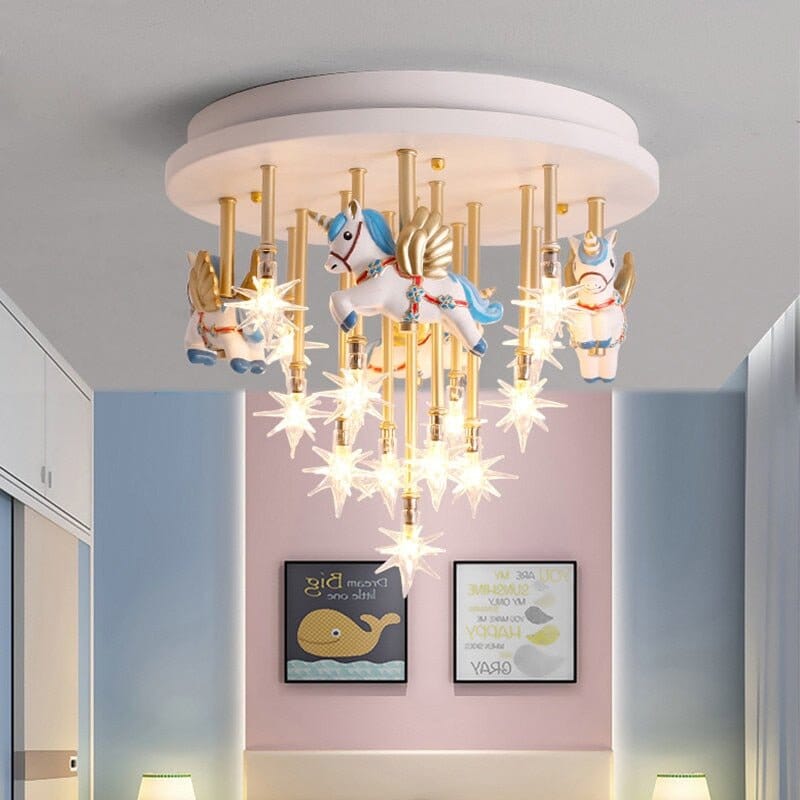 Girls Merry Go Roond Horses Ceiling Light | Kids Room Decor Lights - ZENDUCE - Blue Horse / Voltage AC100V-130V / G4 Bulb|Yellow Light