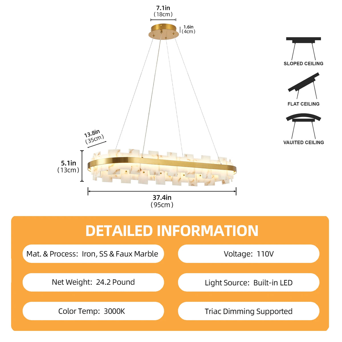 MARVESSA linear faux marble chandelier, product view 5