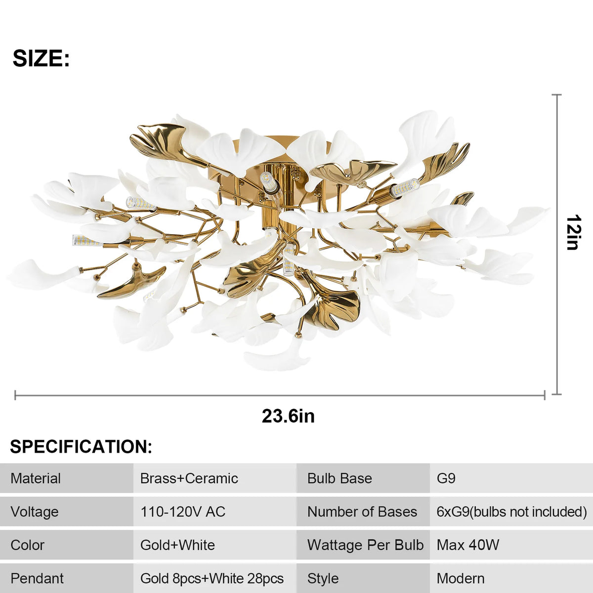 GINKORA ceramic ginkgo leaf ceiling light, product view 3